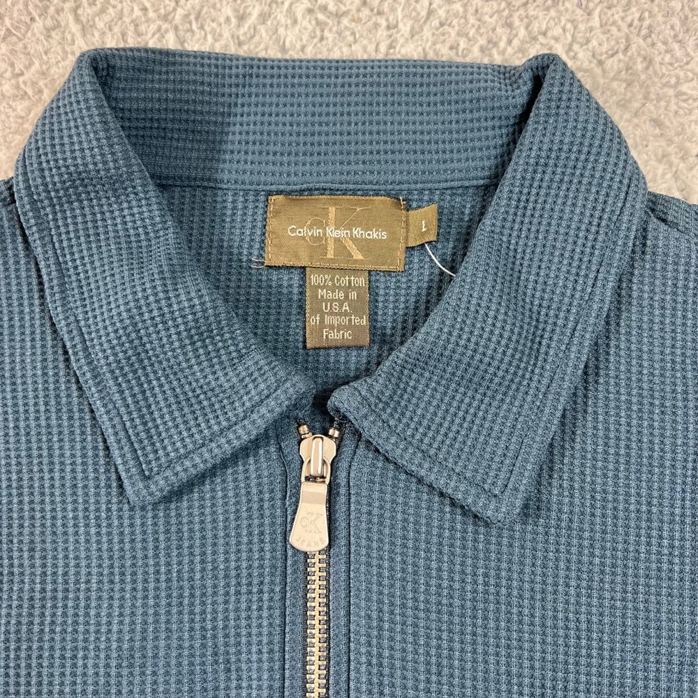 Calvin Klein Zip‎ Cardigan Juniors L Bluestone Teal Waffle Knit Short Sleeve VTG - Picture 3 of 10